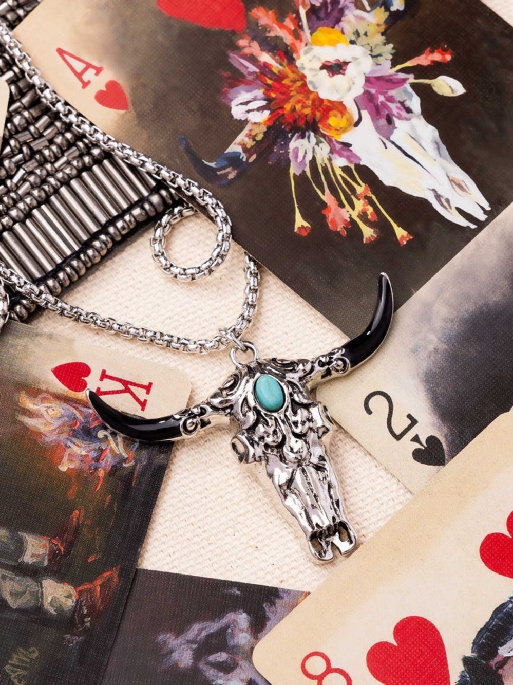 paparazzi Silver Steer Skull Necklace with Black Horns and Turquoise Stone